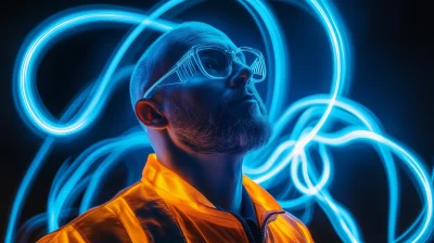 Neon Illuminated Bald Man with Glasses