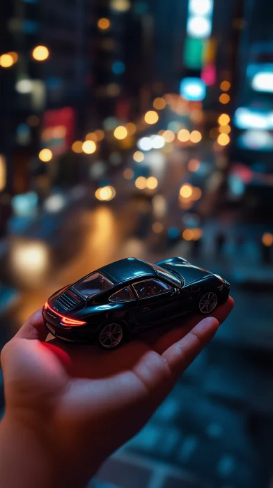 Miniature Porsche Car on Hand at Night