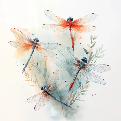 Colorful Dragonflies in Watercolor Style