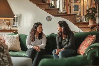 Sisters Chatting on a Green Couch