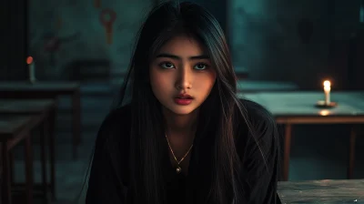 Indonesian female whispering a prayer in abandoned college classroom