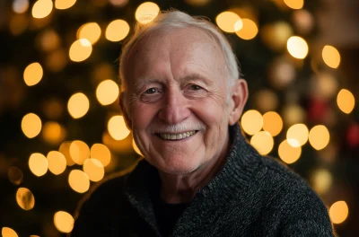 Old man smiling on shiny background