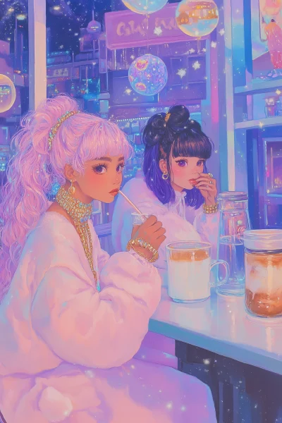 Retro Anime Coffee Shop Scene