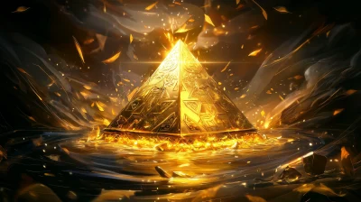 Glowing Golden Pyramid on Water