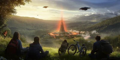 Wide Shot Photo of Girls with Bikes overlooking Alien Base