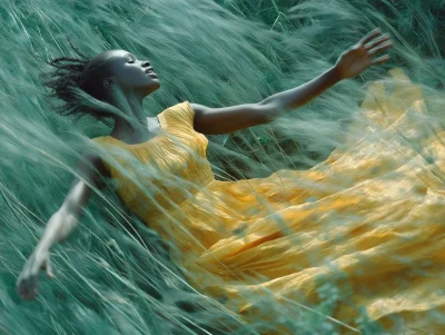 African Woman Running Through Sunflower Field