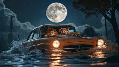 Car in Ocean with Lion and Rabbit