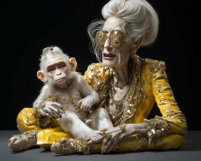 Glittery sculpture of an older lady with an infant and a white monkey