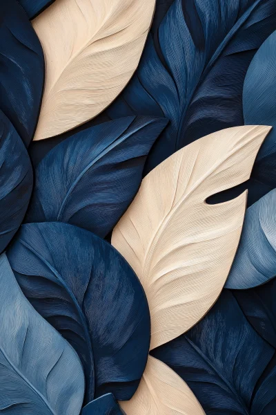 Vanilla Beige and Navy Blue Colored Leaf Wall Art Prints