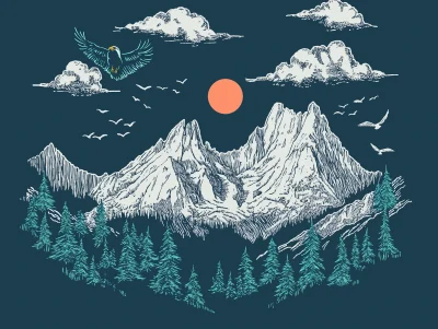 Mountain Line Art with Eagle and Pine Trees