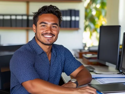 Smiling Polynesian employer at desk with computer