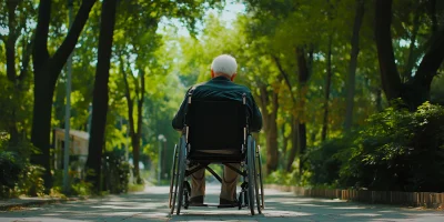 Elderly Man in Wheelchair in Scenic Park