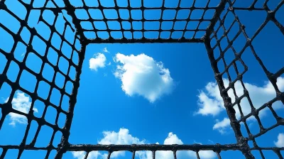 Tilted Iron Cage with White Clouds