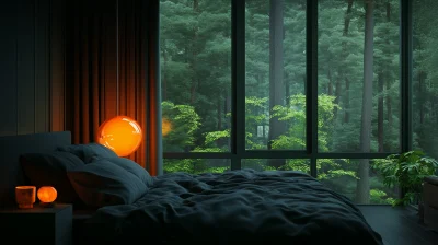 Cozy Minimalist Bedroom with Forest View