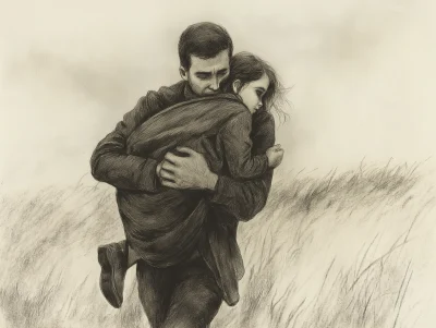 Man carrying girl in coat across field