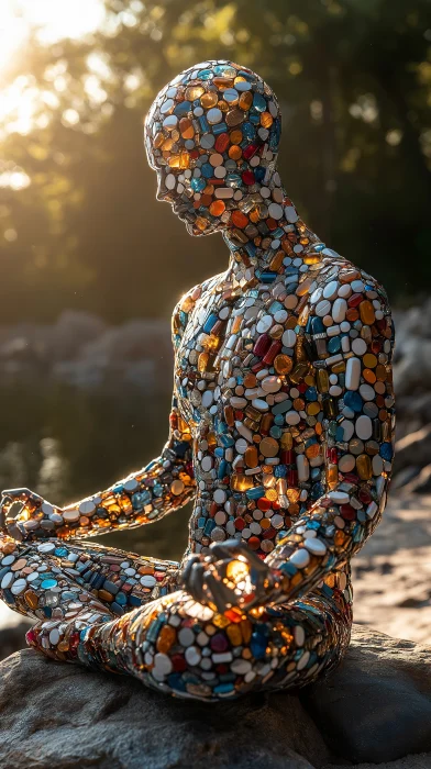 Glass Man Meditating with Pills