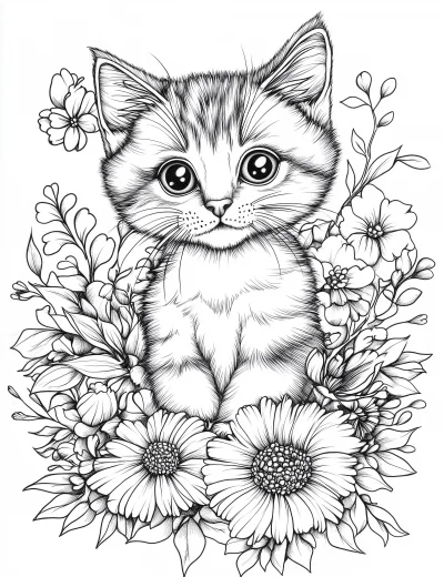 Intricate Line Art of a Cute Kitten with Flowers