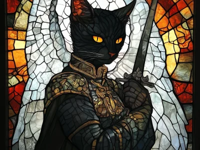 Stained Glass Black Humanoid Cat Holding White Sword