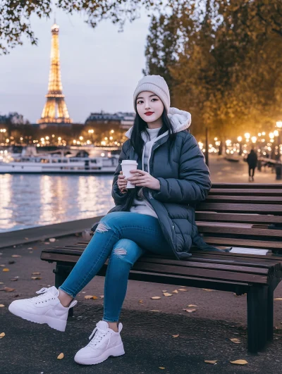 Young Woman Sitting on Park Bench