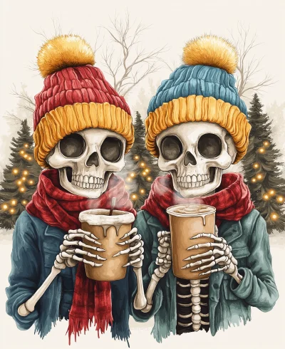 Cute Skeleton Characters with Hot Chocolate