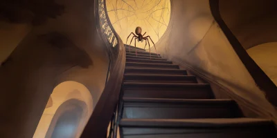 Giant Spider Descending a Spiral Staircase in an Old Lighthouse