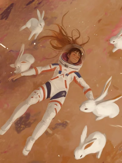 Astronaut Anime Girl with White Rabbits in Space