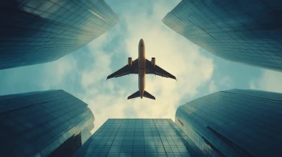 Airplane flying over glass building