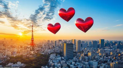 Red Glass Hearts in Tokyo Sky