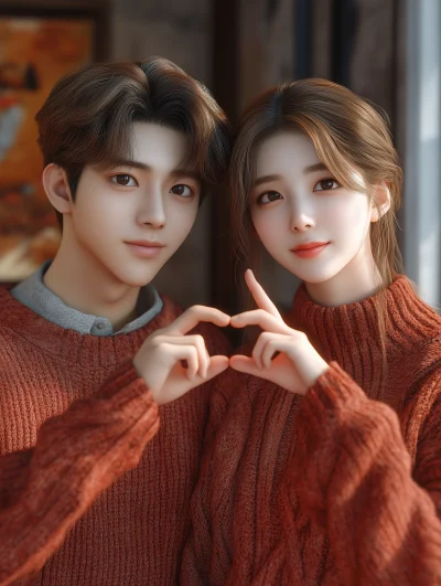 Korean Couple Making Finger Heart Gestures