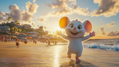 Cartoon Mouse and Small Animals Watching Sunrise on the Beach