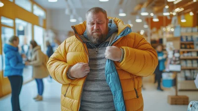 Struggling Man Trying On Small Jacket in Retail Store