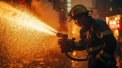 Firefighter Extinguishing Fire with Dramatic Lighting