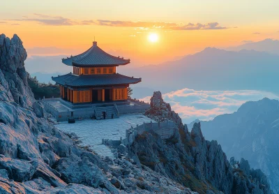 Mountain Temple at Sunset