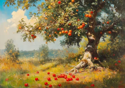 Vintage Painting of Central Apple Tree