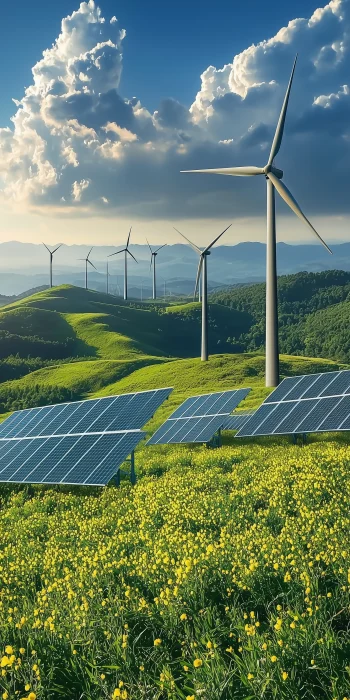 Wind Turbines and Solar Panels on Hillside