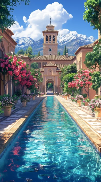 Cartoon of Alhambra, Spain in Spring