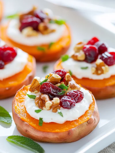 Sweet Potato Rounds with Herbed Ricotta, Cranberries, and Walnuts