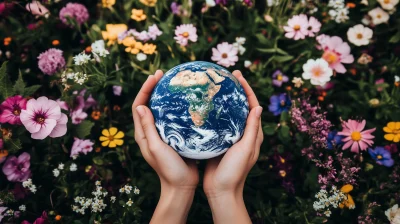 Hand with Earth Surrounded by Flowers