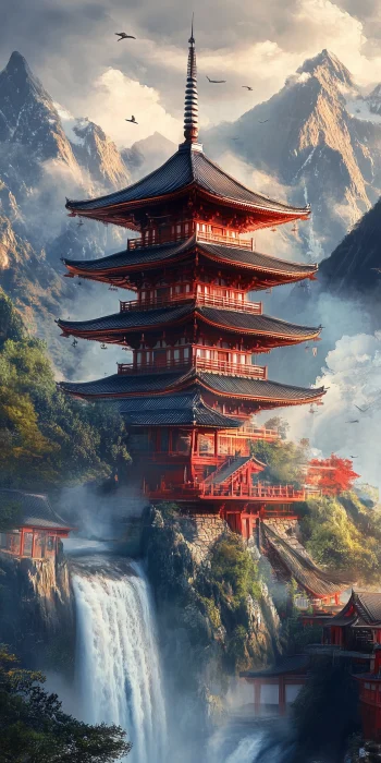 Japanese Pagoda Temple with Waterfall and Mountains