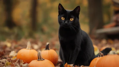 Cat and pumpkins in autumn forest