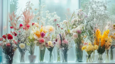 Flower Bouquets Beyond Glass Window