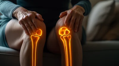 Mature woman sitting on couch with glowing leg bone