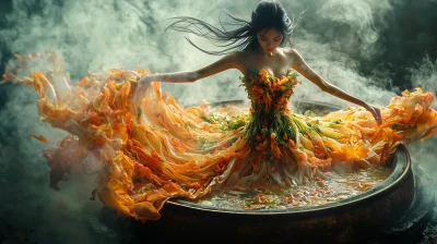 Surreal Vegetable Dress Dance in a Hotpot