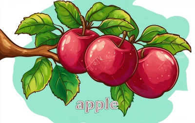 Cartoon drawing of red apples on a tree branch