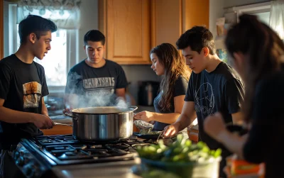 Teenagers cooking together in a home kitchen