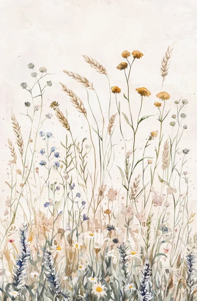 Watercolor Wildflowers and Wheat Ears