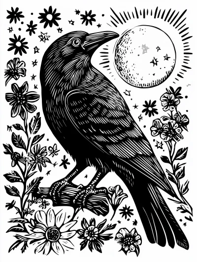 Raven and Moon Linocut