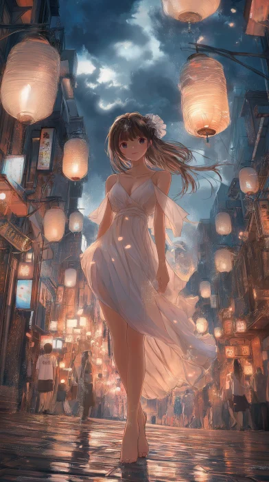 Anime Style Cityscape with Elegant Girl in Long Dress