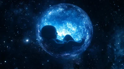 Silhouetted Baby in the Womb of a Blue Star