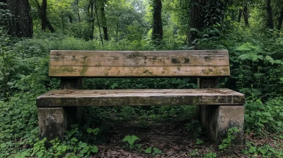 Rustic Wooden Bench in Overgrown Forest